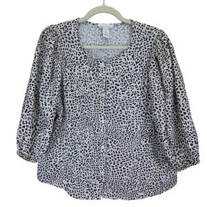 H&M Linen Blend Womens Blouse Large Animal Print 3/4 Sleeve Button Down Bohemian